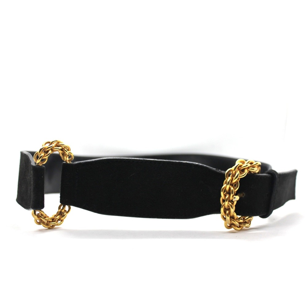 Paloma Picasso Black Belt Gold Chain Buckle Italy Womens M Statement